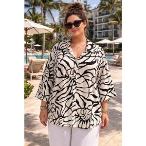 Rachel Zoe 2X Linen Rayon Zebra Print Hi/Lo Button Front Blouse Vacation Chic